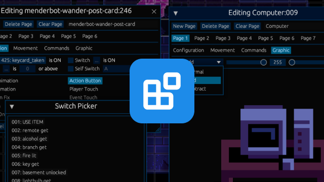 A screenshot of three windows from the event editor on Luminol.