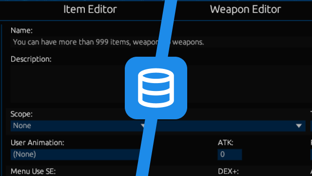 A screenshot of two windows, displaying an item editor and a weapon editor respectively, demonstrating database editing capabilities.